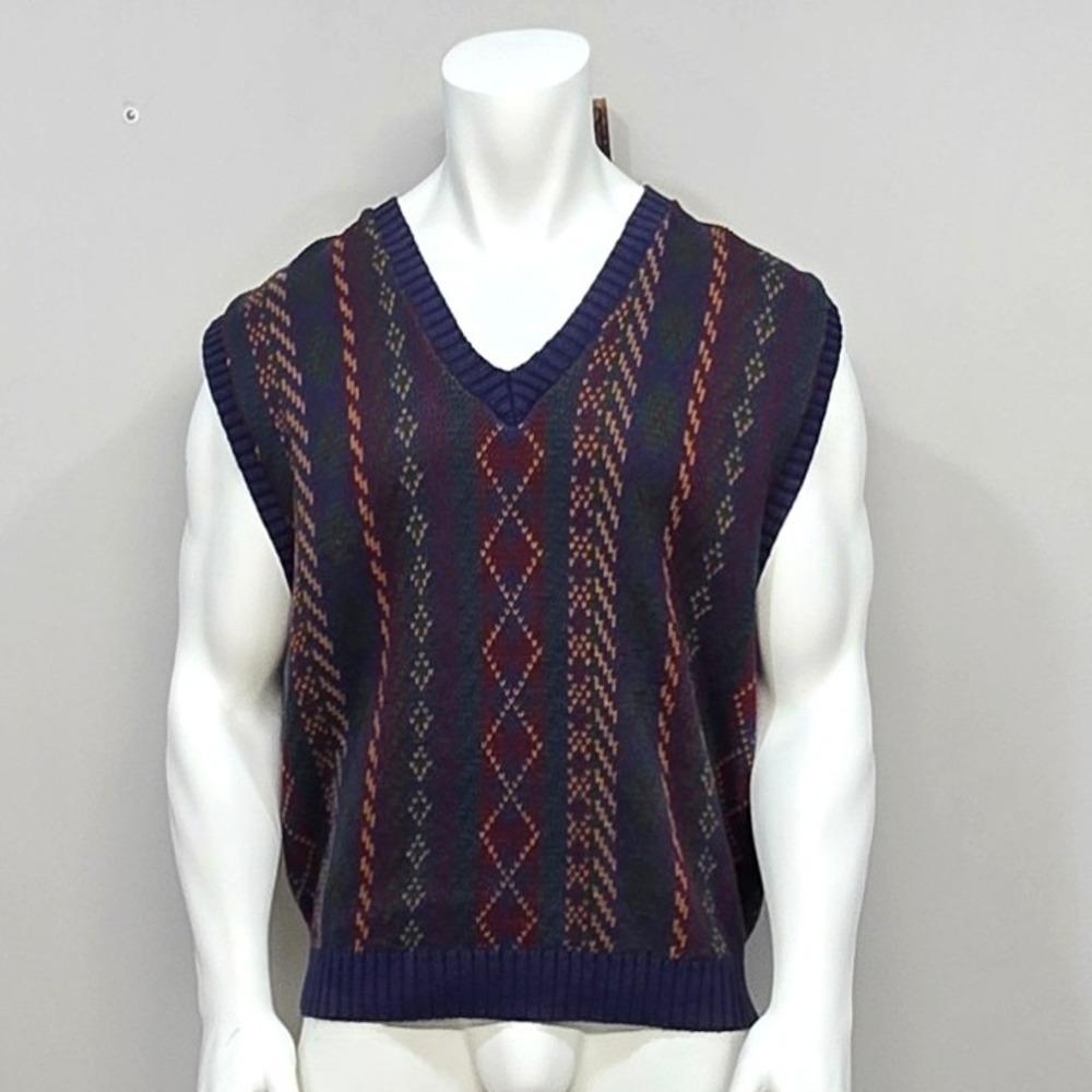 Vintage 90s Jack Nicklaus Sweater Vest Large Blue Argyle Made USA Cotton Golf